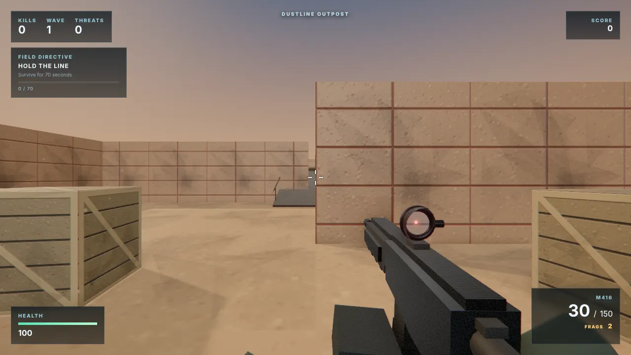 First-person view of an M416 with a red-dot sight beside wooden crates and sandstone walls on the Dustline Outpost desert map in ZeroFront