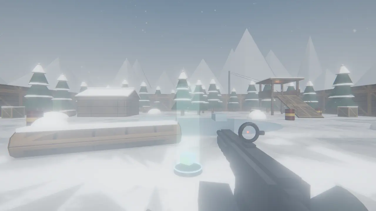 First-person view of a rifle in a snowy browser FPS map