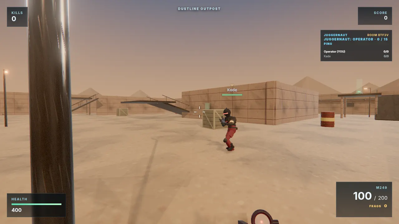 A Juggernaut round on the Dustline Outpost map: the player has 400 health and an M249, with a rival player ahead