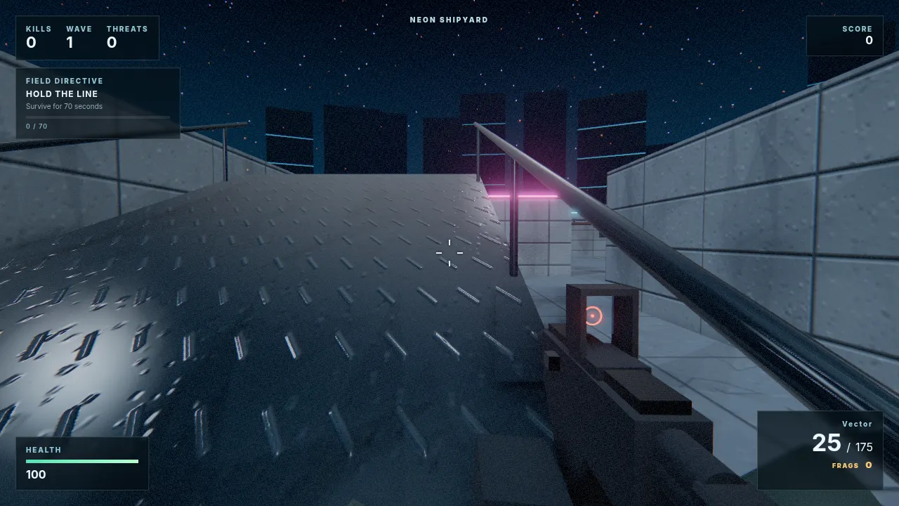 First-person view of a Vector SMG at the start of a Gun Game match on the Neon Shipyard map